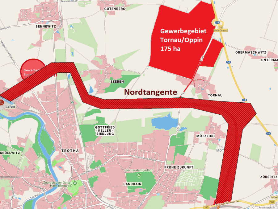 Trasse der Nordtangente von B100 bis Trothaer Straße