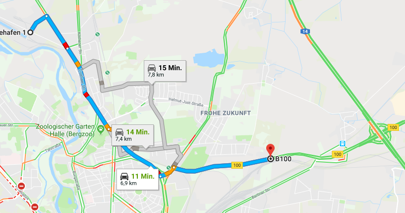 Google Maps von der Osttangente durch Halle (Saale) zum Hafen Trotha